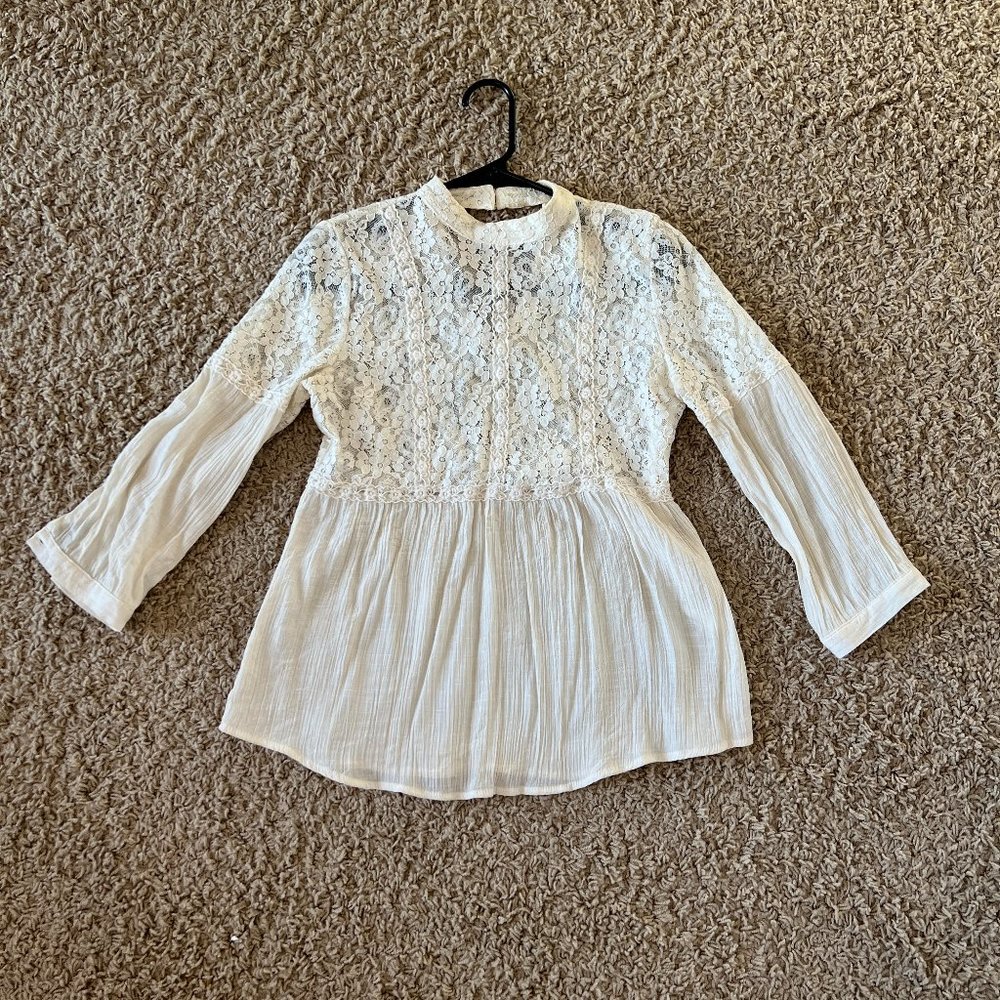 Women's Small Sheer Lace Cream/Off-White Babydoll Blouse